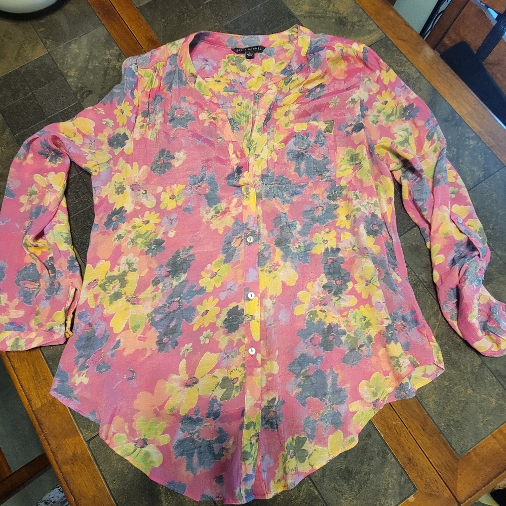Zac & Rachel Bodacious Multi Pink Floral‎ Sheer Button-up Long Sleeve Sz L